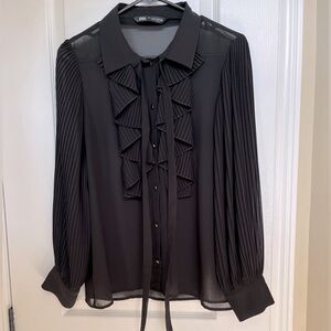 Zara black sheer blouse-ruffle front--pleated lantern balloon sleeves, size M US